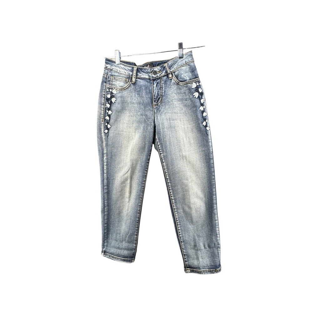 Earl Jeans Womens 6 Cropped Jeans Floral Embroidered Stretch Denim Y2K